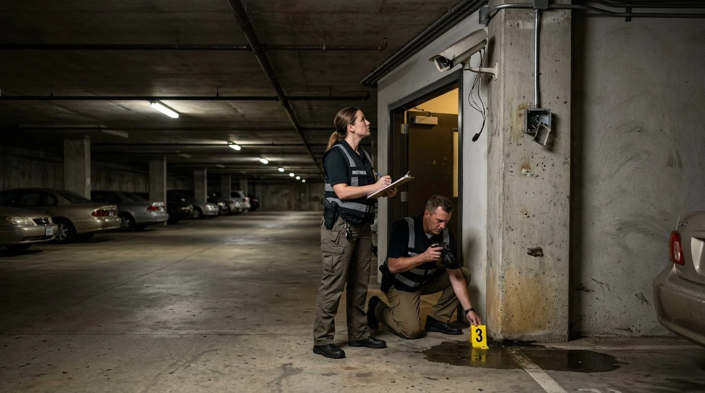 Dimly lit apartment parking garage with investigators marking evidence near broken security cameras and vehicle rows.