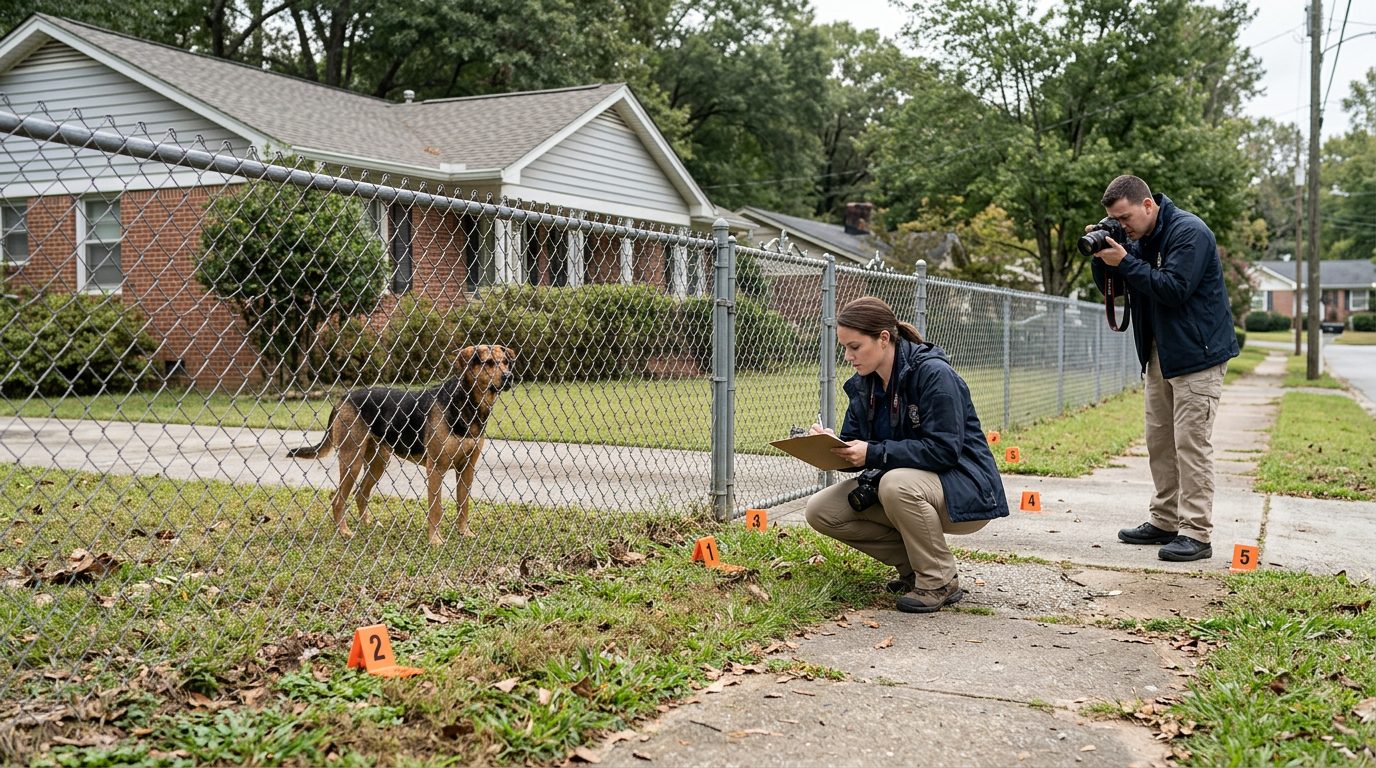 Dog behind fence at residential property with accident investigators and evidence markers documenting incident scene.
