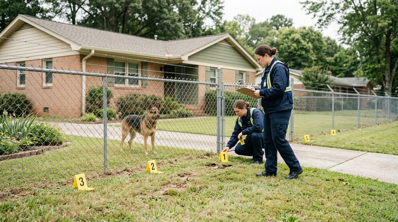 Dog behind fence at residential property with accident investigators and evidence markers documenting incident scene.