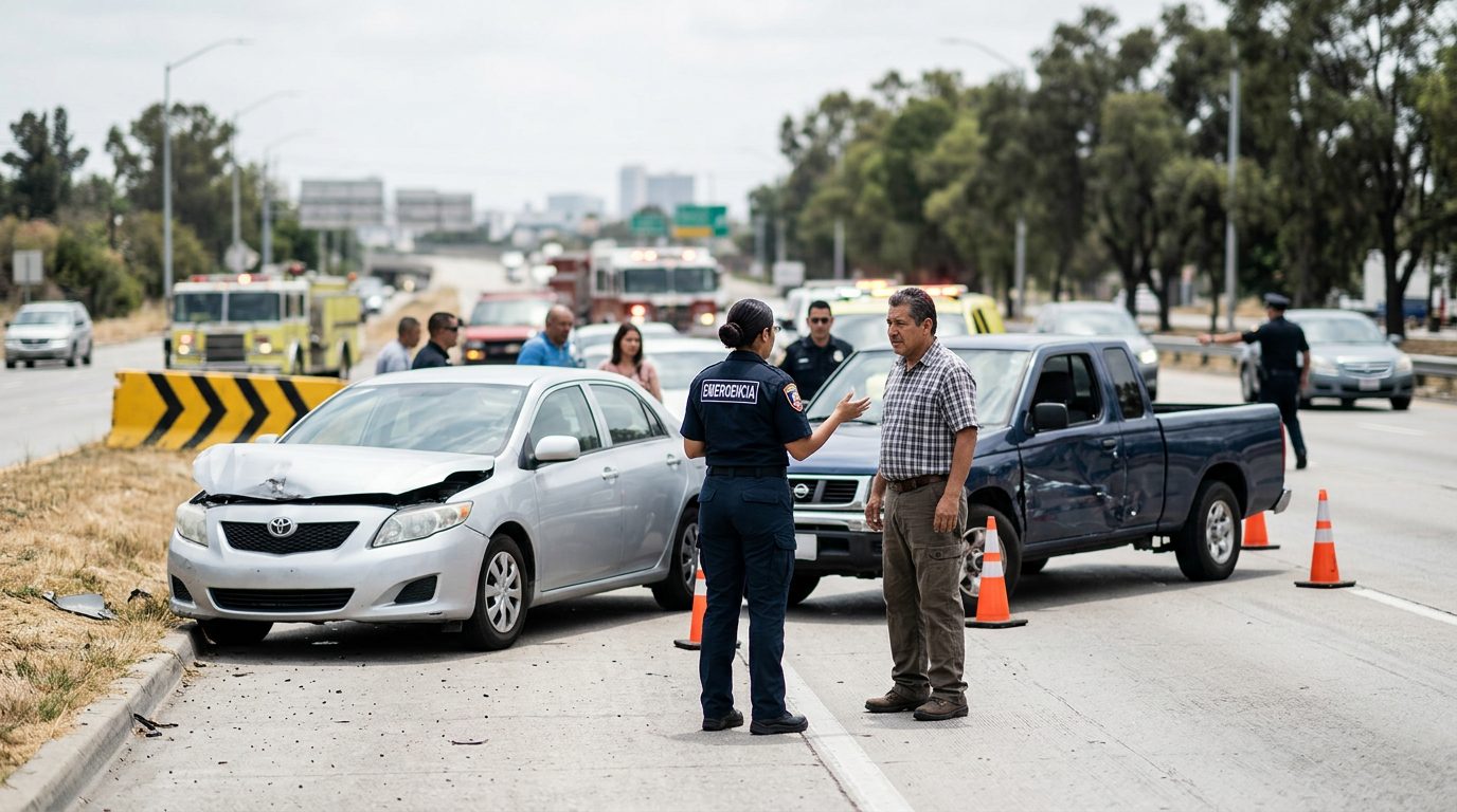 Dos vehículos dañados tras colisión en carretera, sin víctimas visibles.