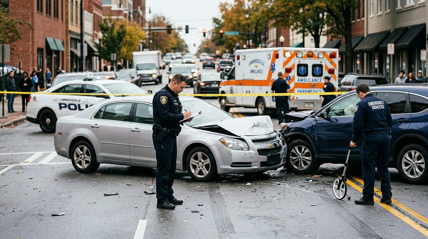 Emergency responders and investigators document vehicle damage at a city street traffic accident scene.