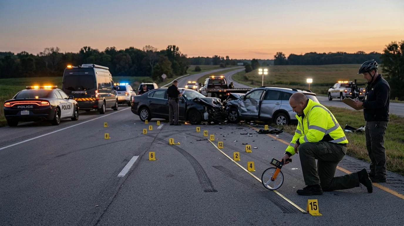 Equipo de emergencias y peritos marcan pruebas y miden la posición de vehículos en un accidente en autopista al amanecer.
