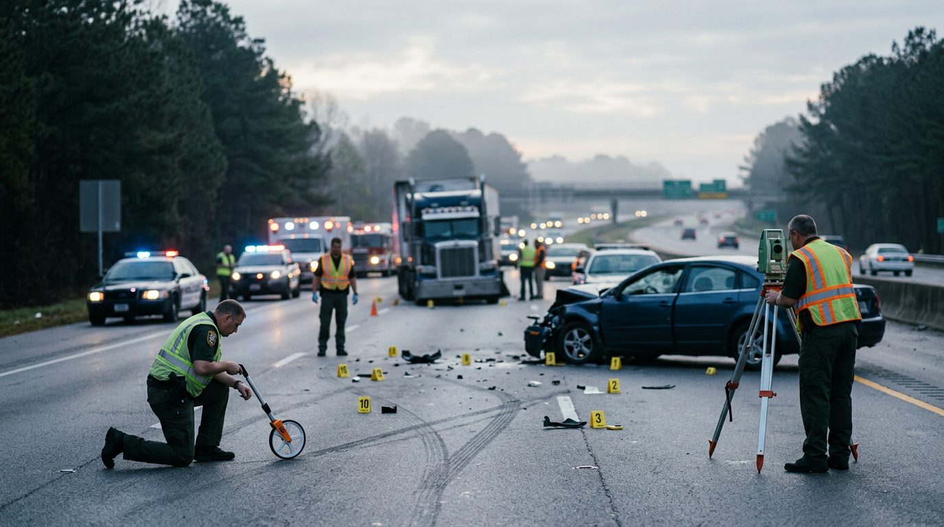 Emergency responders and investigators measure vehicle positions with evidence markers at a highway crash scene at dawn.
