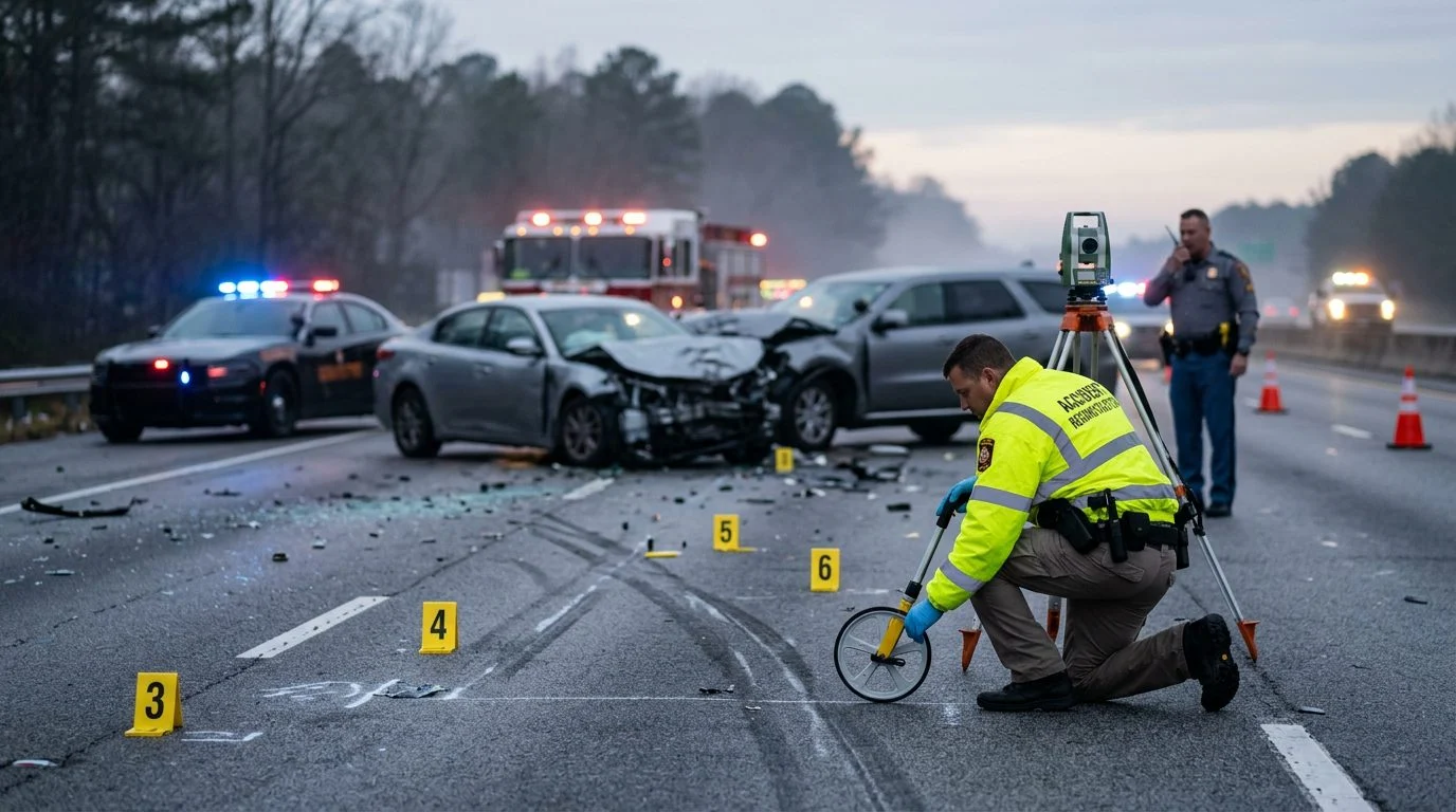 Emergency responders and investigators measure vehicle positions and place evidence markers at a highway crash scene at dawn.
