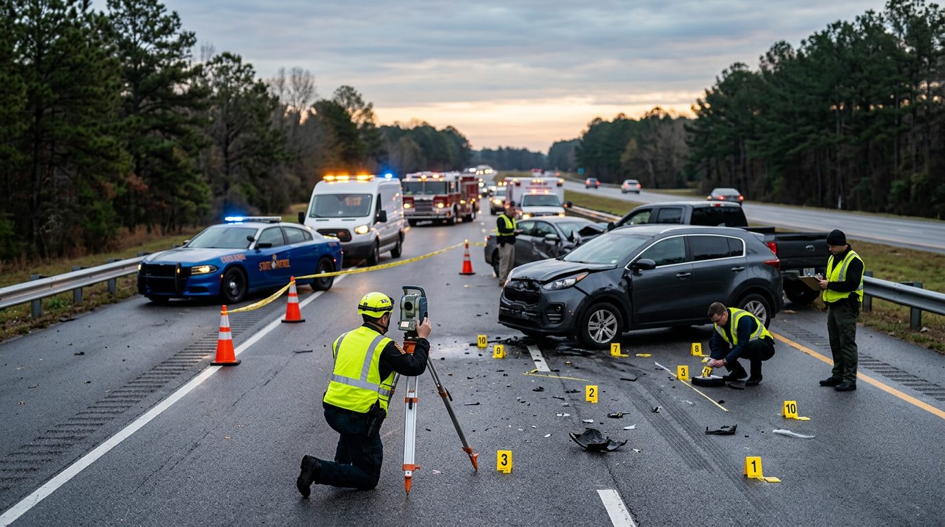 Equipo de emergencia e investigadores miden la posición de vehículos en una carretera al amanecer, junto a marcadores de evidencia.