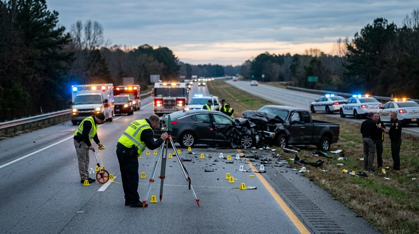 Emergency vehicles and accident reconstruction specialists at a multi-vehicle collision scene on a highway at dawn.