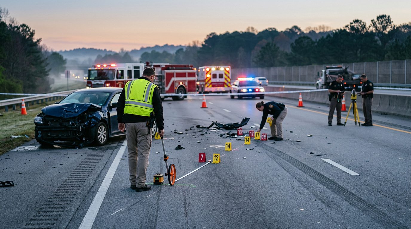 Emergency vehicles and accident reconstruction specialists documenting a fatal multi-vehicle collision on a highway at dawn.
