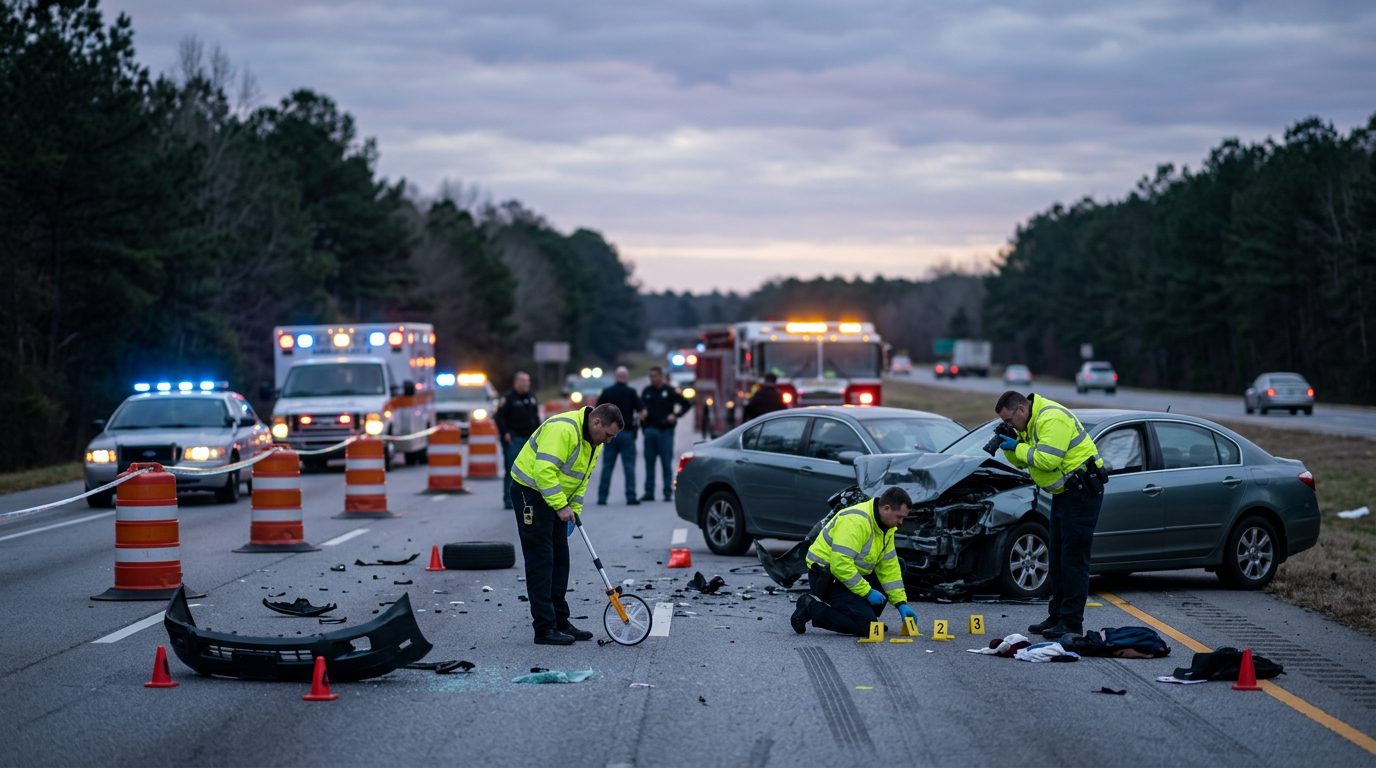 Emergency vehicles and accident reconstruction specialists documenting a fatal multi-vehicle collision on highway at dawn.