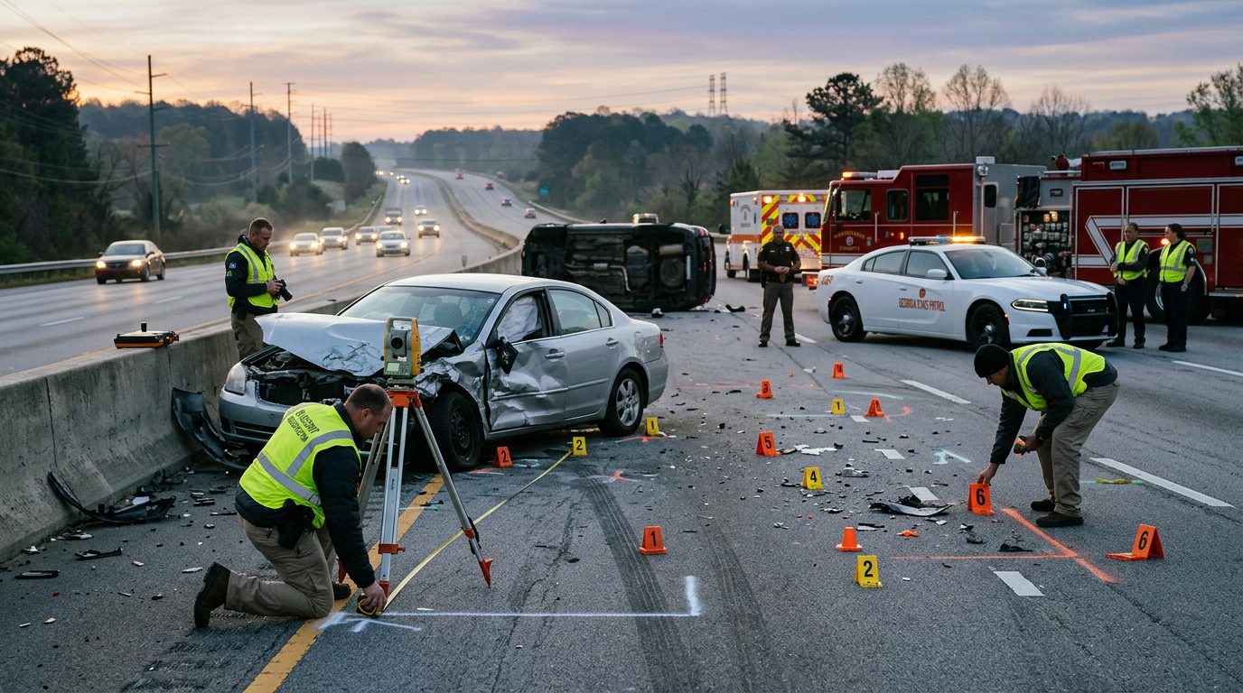 Emergency vehicles and accident reconstruction specialists document a fatal multi-vehicle collision on a highway at dawn.