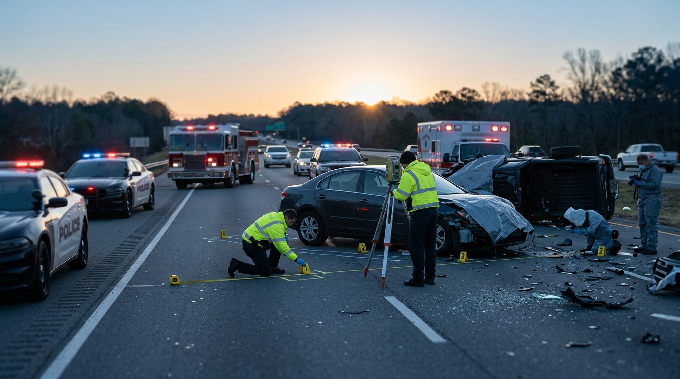 Emergency vehicles and accident reconstruction specialists investigating a fatal multi-vehicle highway collision at dawn.