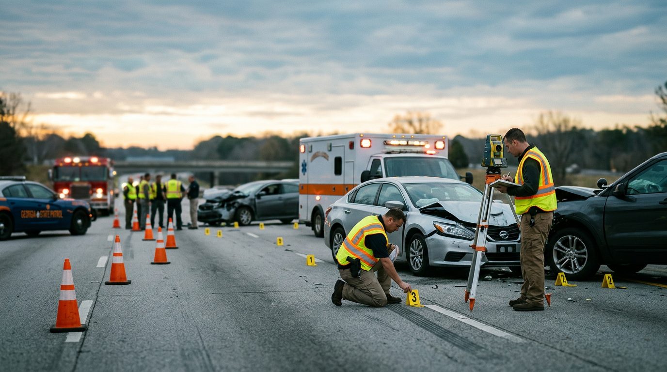 Emergency vehicles and accident reconstruction specialists investigating a fatal multi-vehicle highway collision at dawn.