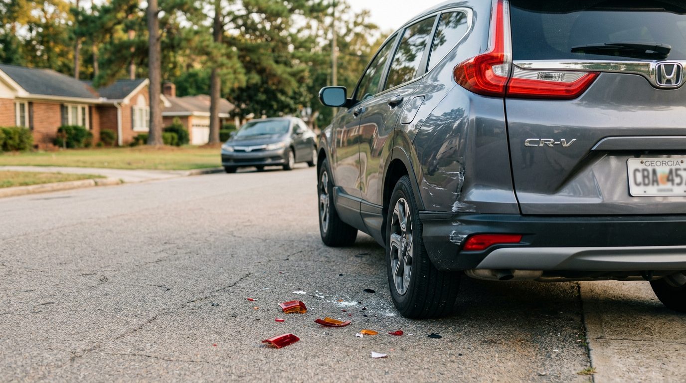 Calle urbana vacía con un auto estacionado y señales de tráfico.