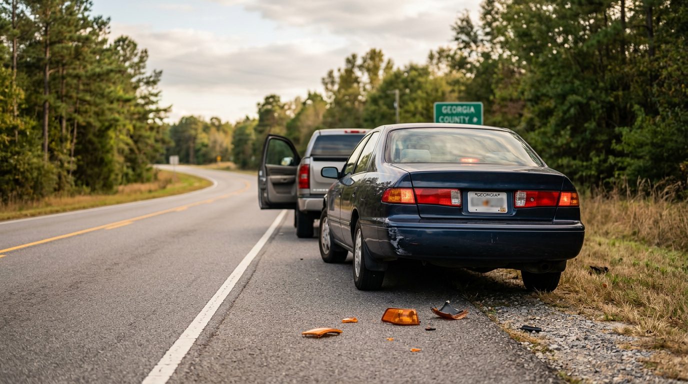 Carretera vacía de dos carriles al atardecer, con un sedán plateado abollado estacionado junto a la acera.