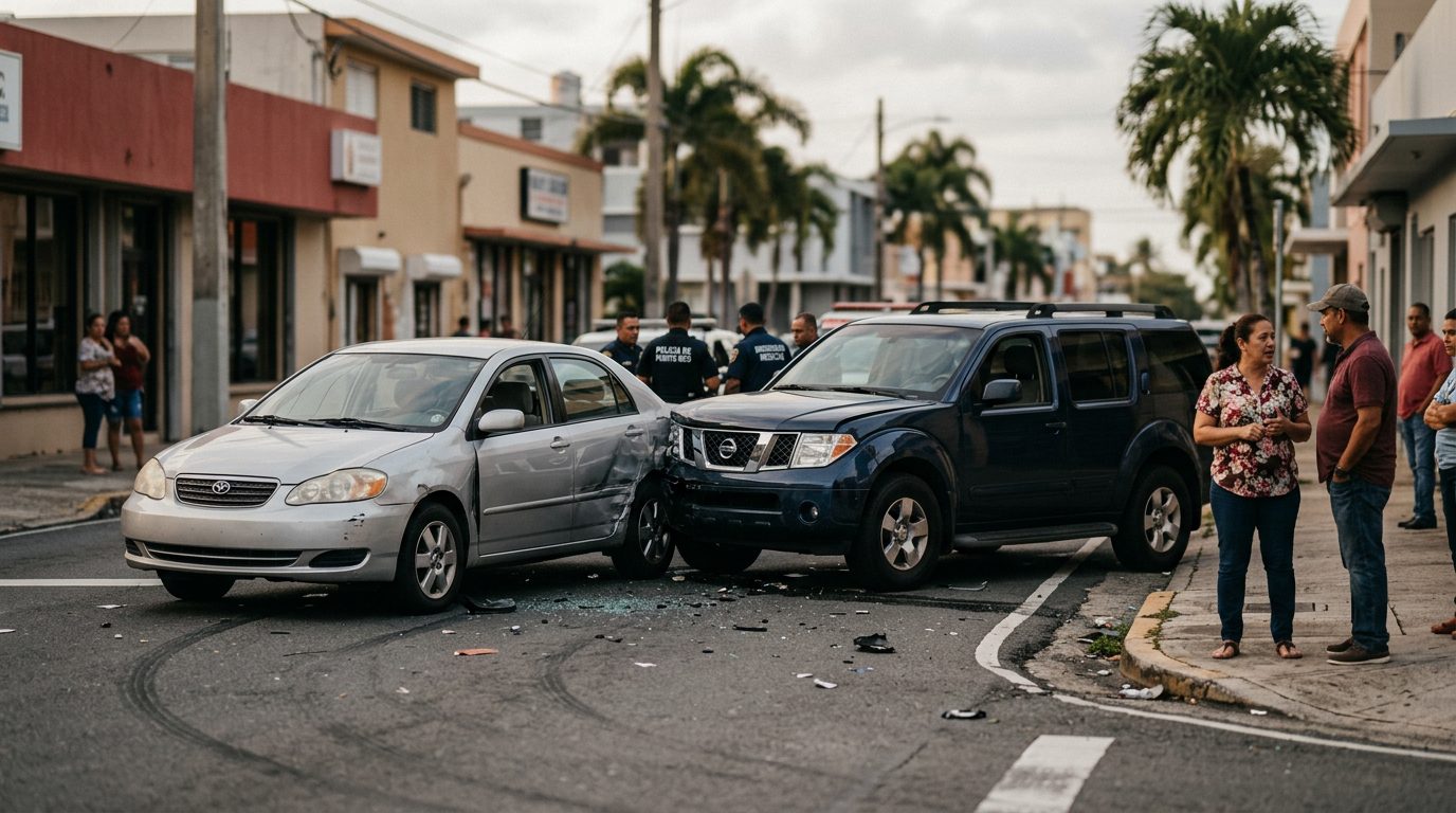 Escena de accidente automovilístico con vehículos dañados en la carretera.