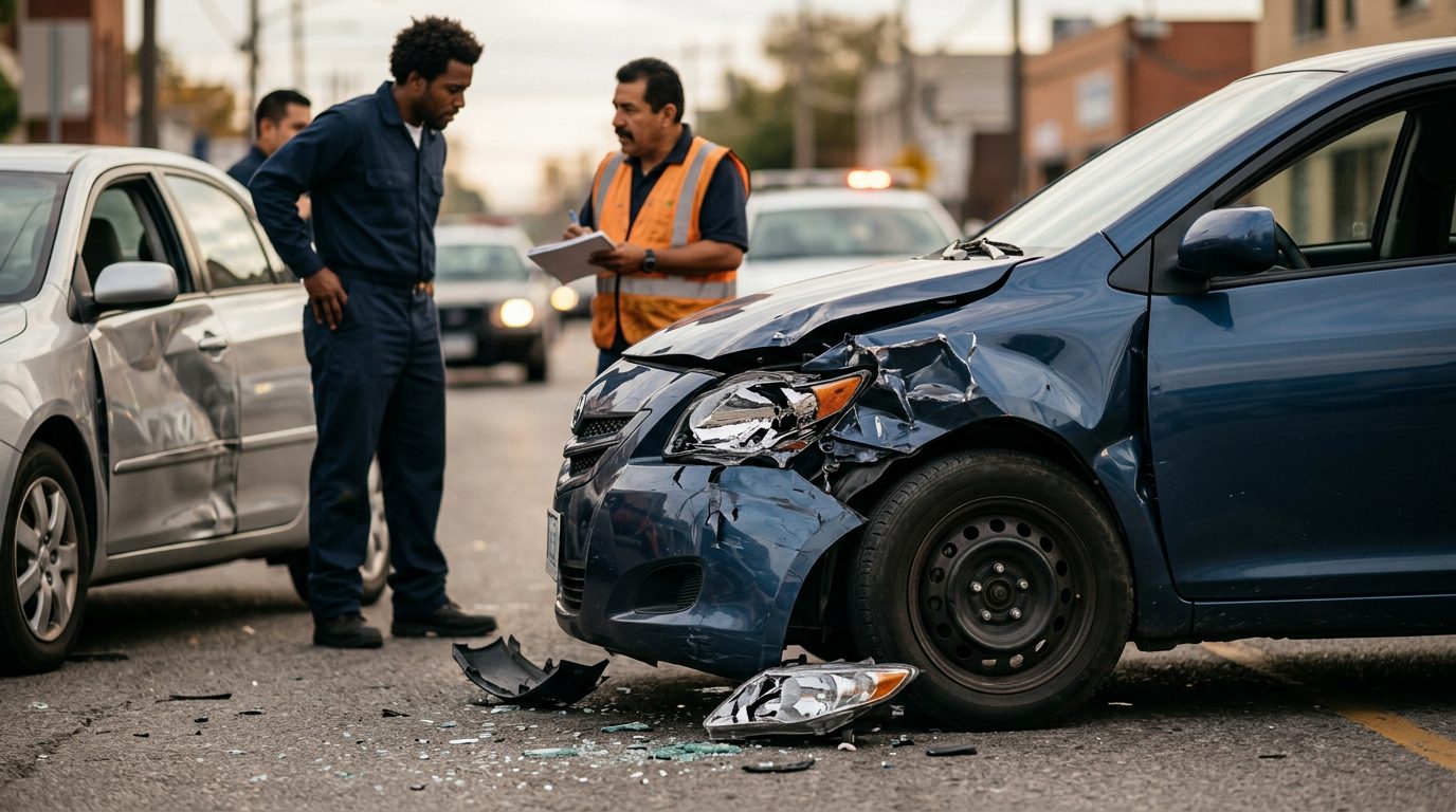 Escena de accidente automovilístico con vehículos dañados en la carretera.
