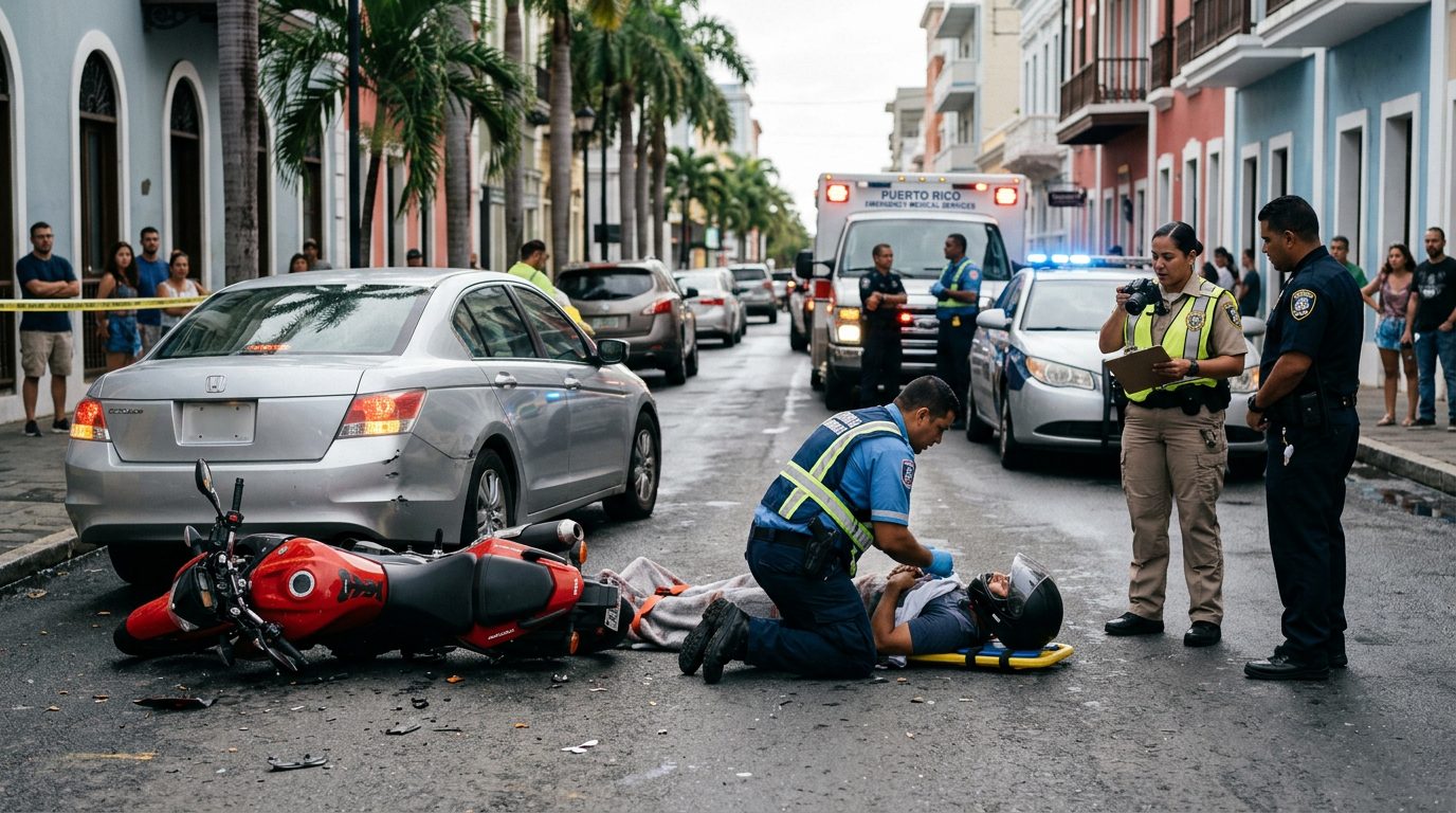 Escena de accidente de tráfico con vehículos dañados, ambulancia e investigadores en calle urbana.
