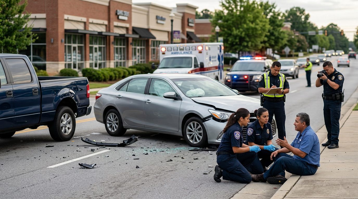 Escena de accidente vehicular con daños, vehículos de emergencia e investigadores en Johns Creek, Georgia.
