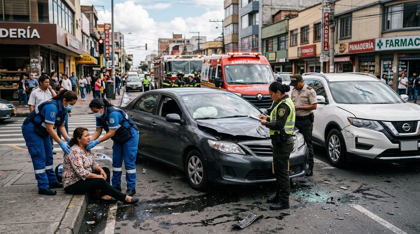 Escena de accidente vehicular en calle con daños, vehículos de emergencia e investigadores documentando el incidente.