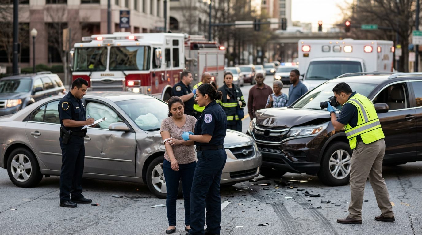 Escena de accidente vehicular en calle urbana con daños, vehículos de emergencia e investigadores documentando el incidente.