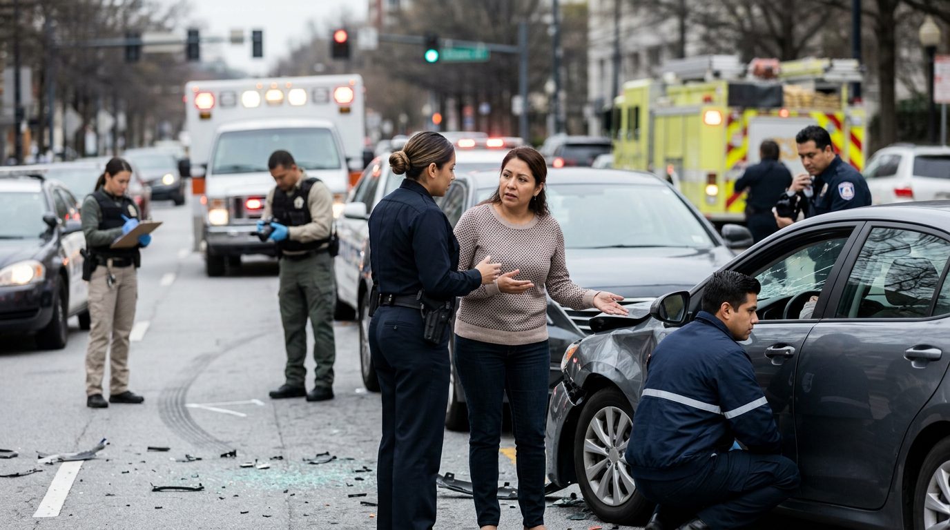 Escena de accidente vehicular en calle urbana con daños, vehículos de emergencia e investigadores documentando el incidente.