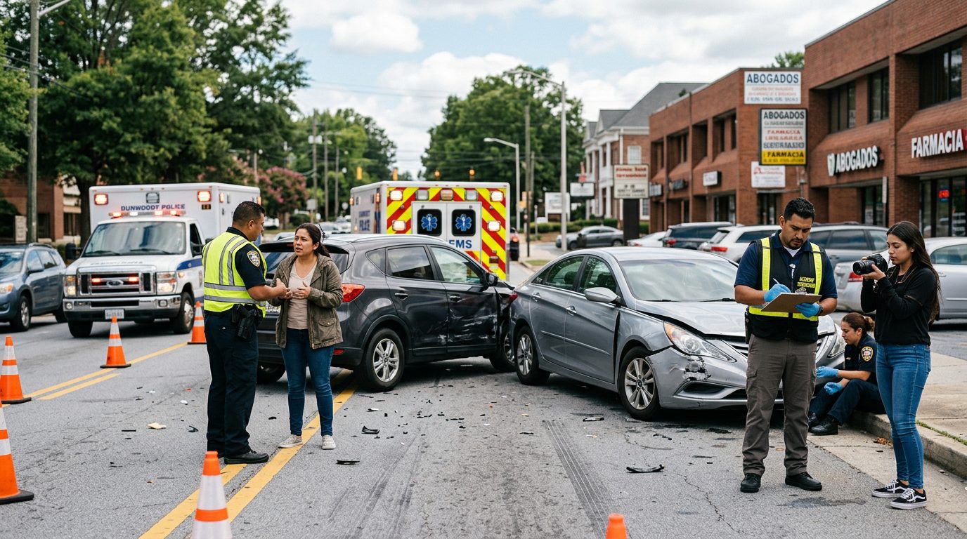 Escena de accidente vehicular en calle urbana con daños, vehículos de emergencia e investigadores documentando el incidente.