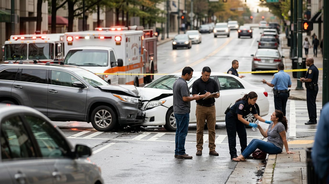 Escena de accidente vehicular en calle urbana con daños, vehículos de emergencia e investigadores documentando.