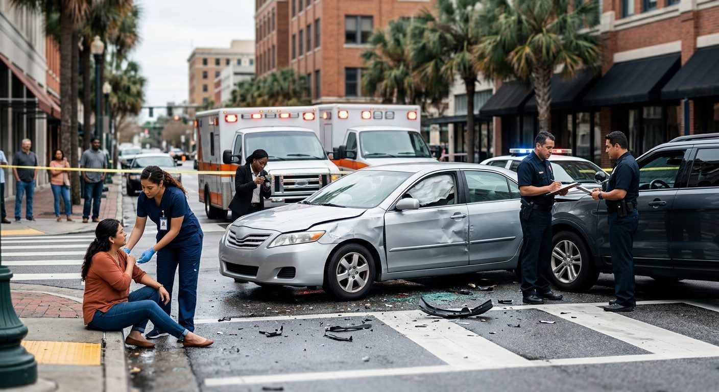 Escena de accidente vehicular en calle urbana con daños y vehículos de emergencia.