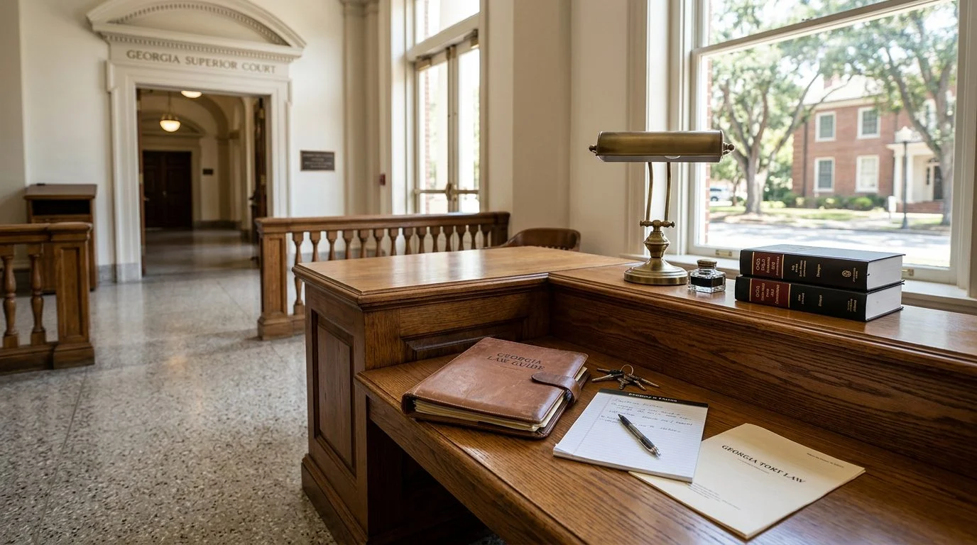 Gavel resting on a law book beside a notepad and pen on a wooden desk.