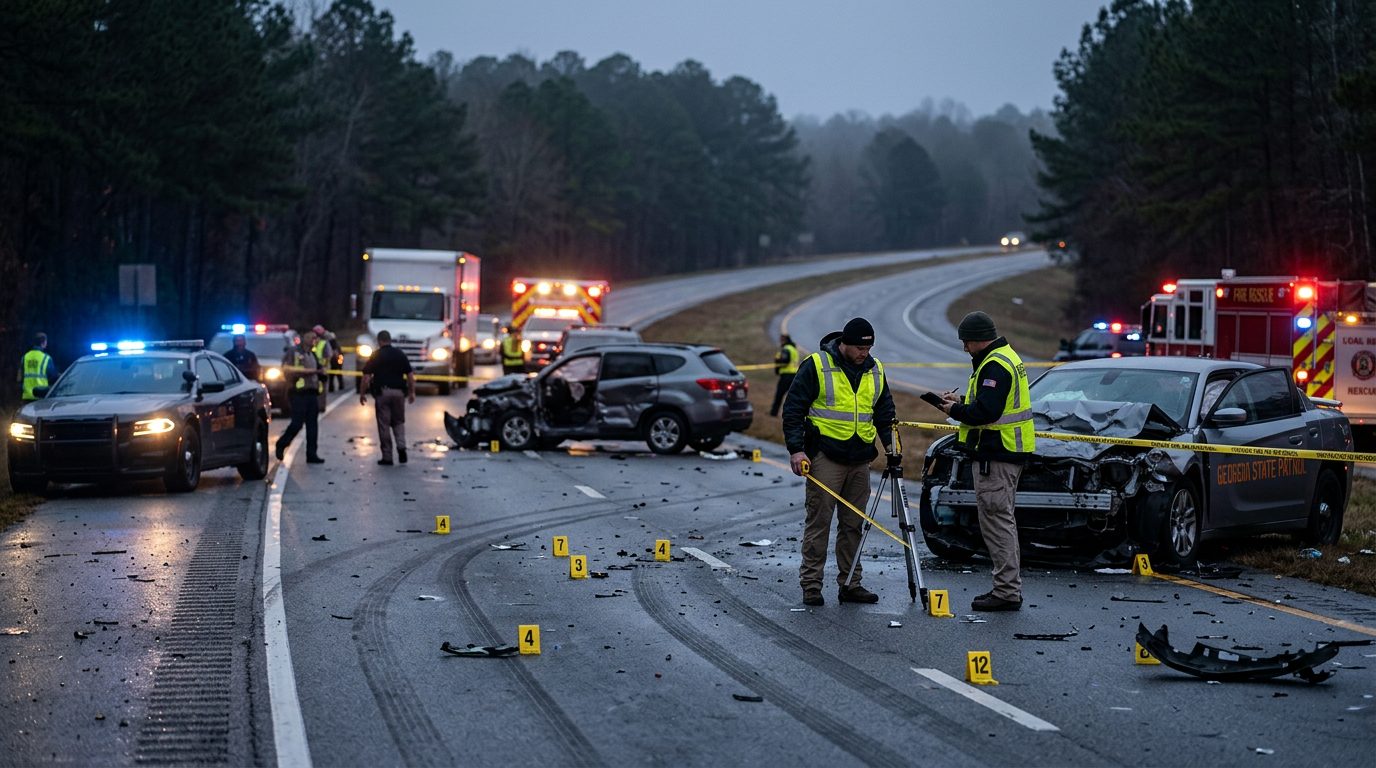 Highway accident investigation scene with emergency vehicles and evidence markers at a fatal multi-vehicle collision.