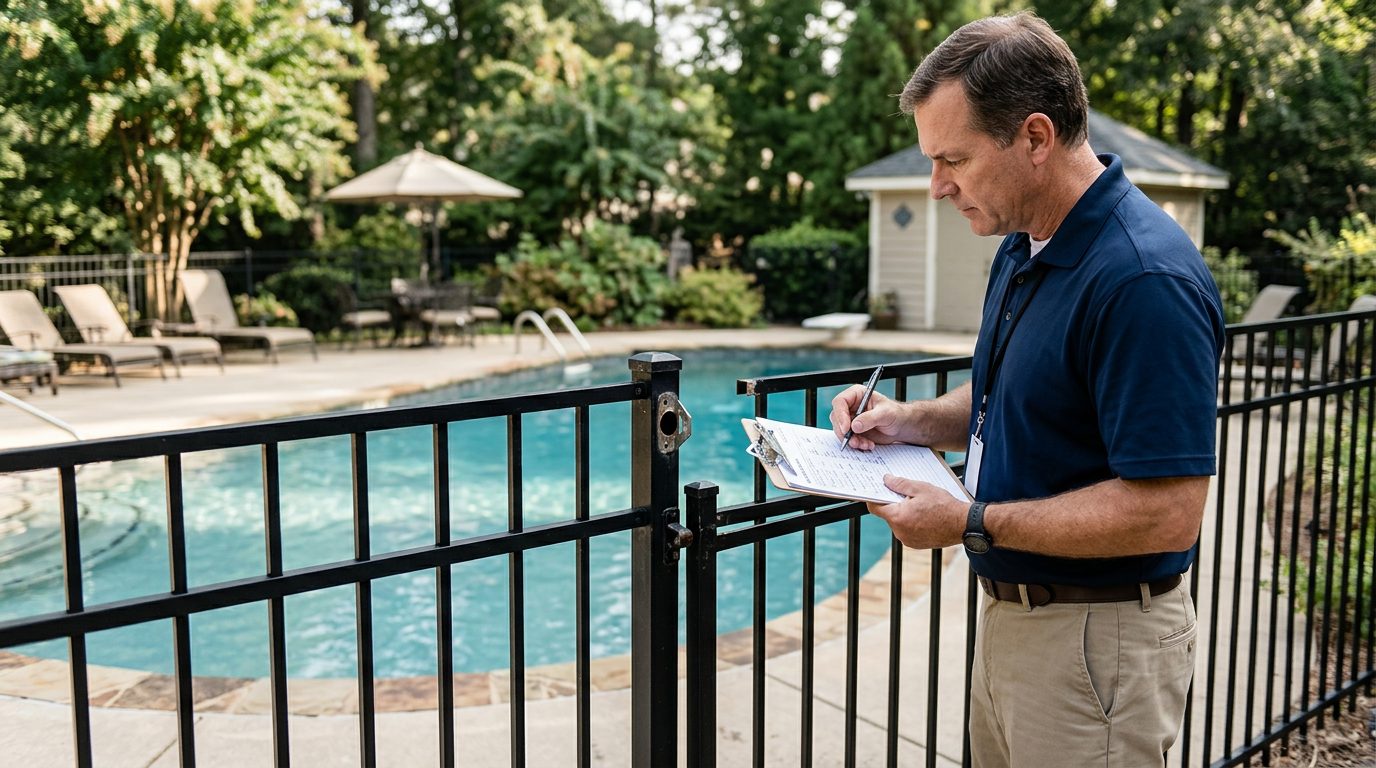 Inspector with a clipboard examining a pool area at a short-term rental, where a safety gate latch is missing.