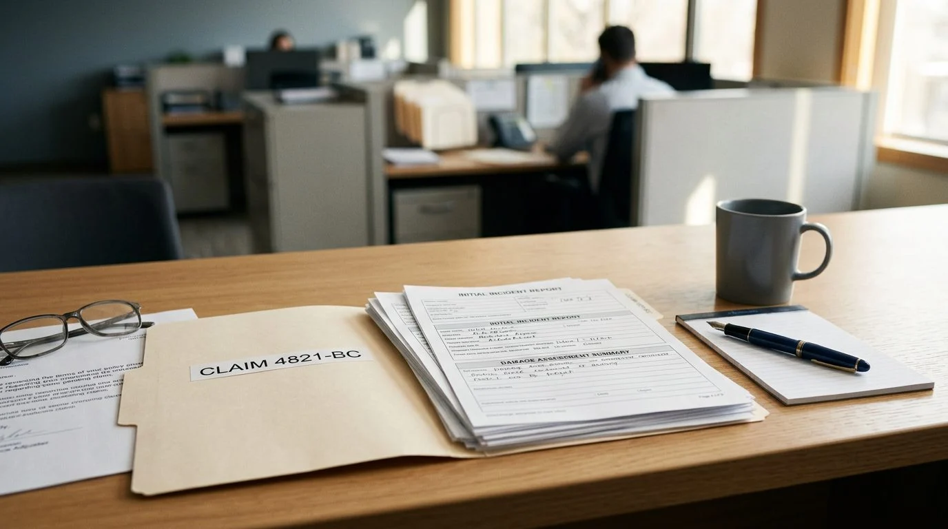 Insurance claim forms, a pen, and a calculator on an office desk next to a legal document.