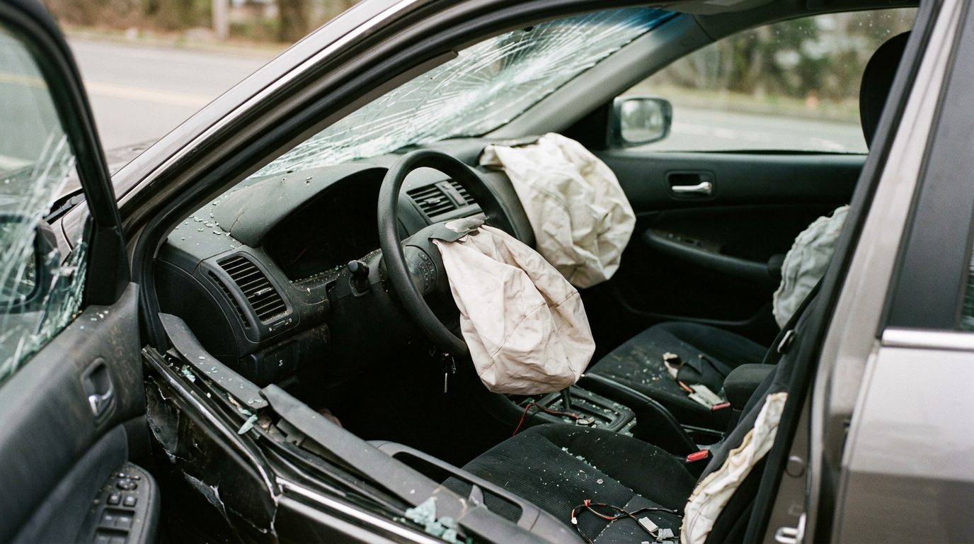Interior of a damaged sedan after a collision, with deployed airbags and crumpled structure.