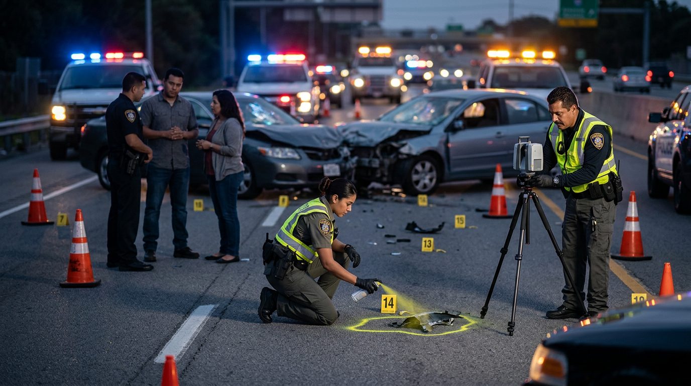 Investigación de accidente vehicular nocturno con oficiales de policía y equipo de reconstrucción.