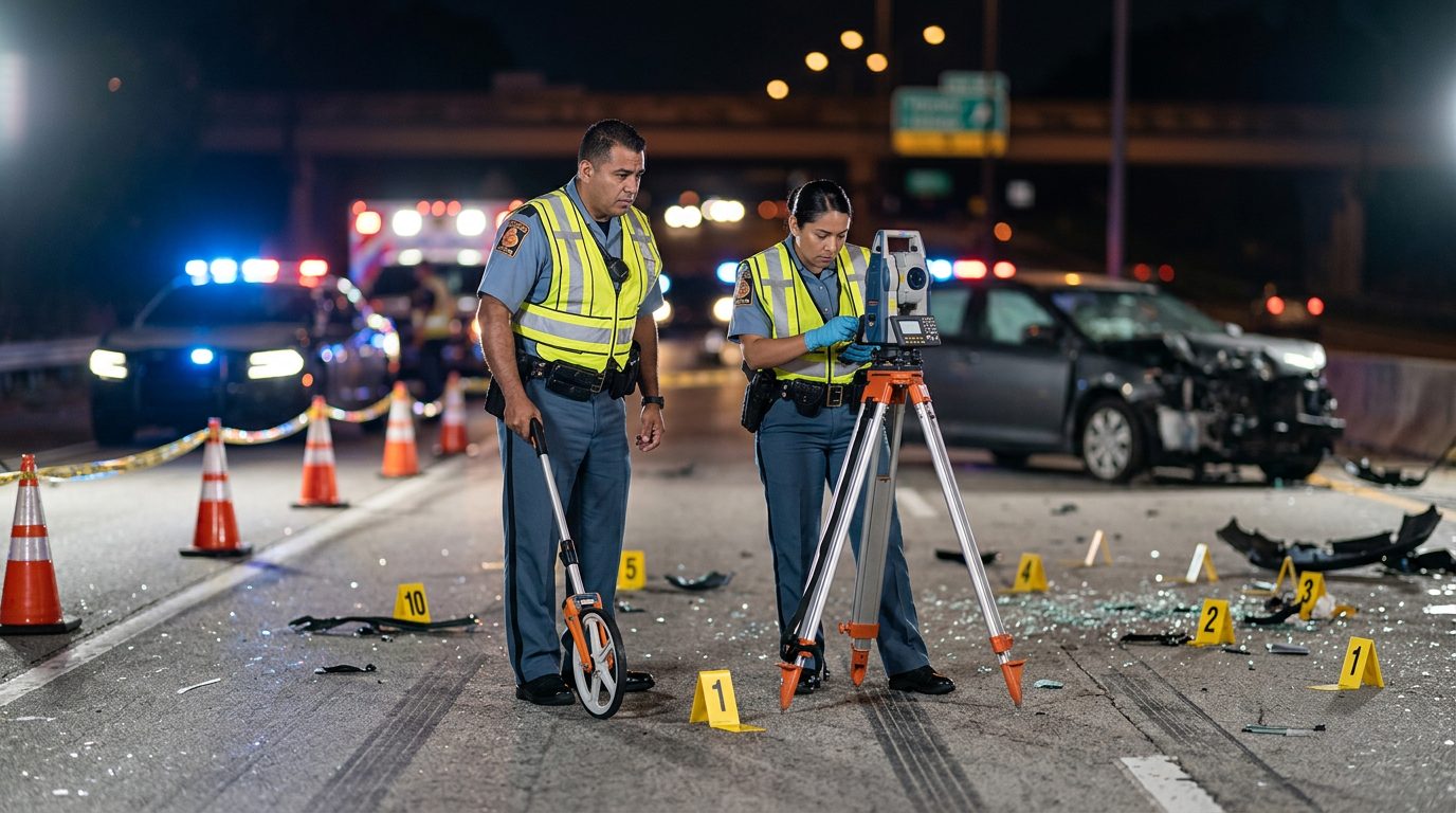 Investigación de accidente vehicular nocturno con oficiales de policía y equipo de reconstrucción.