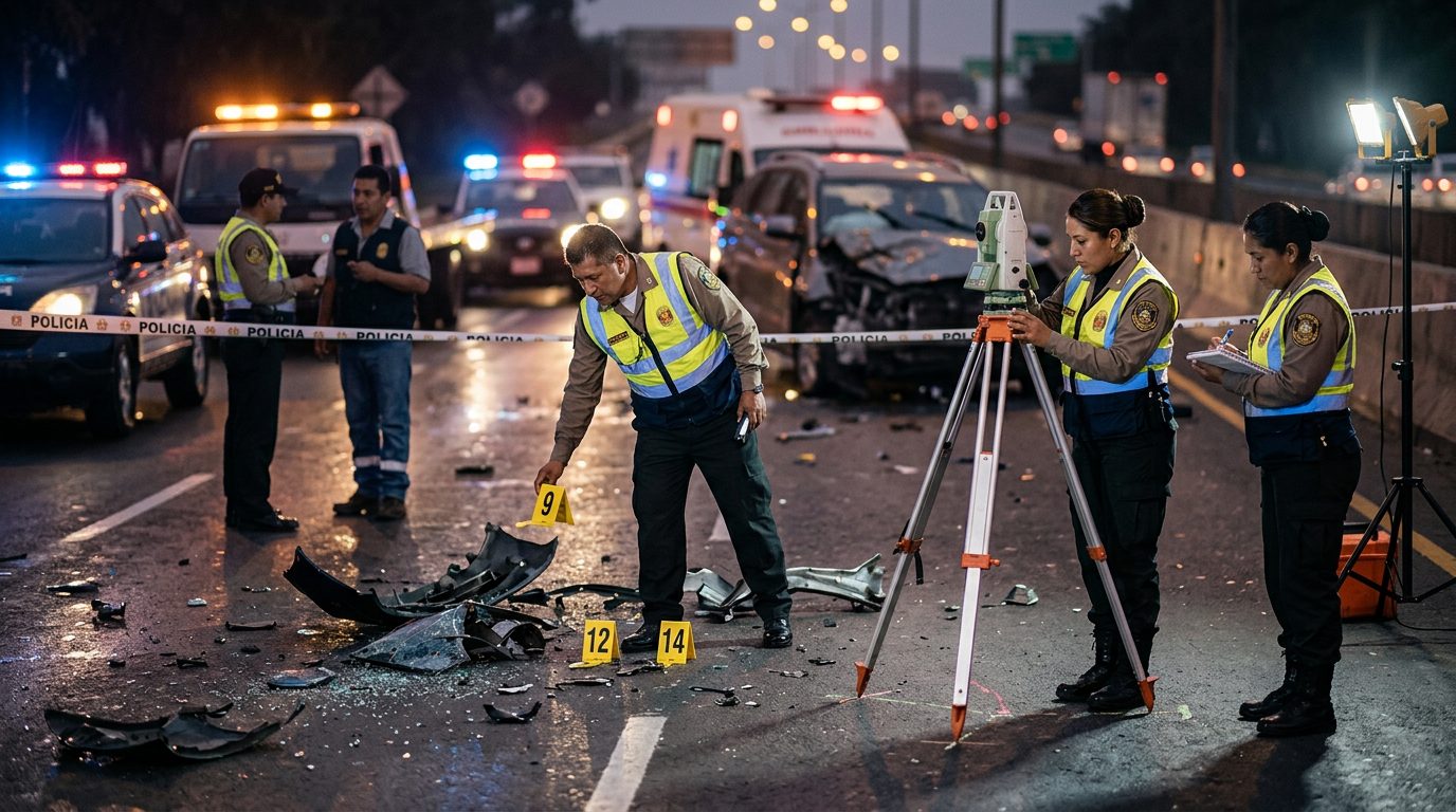 Investigación de accidente vehicular nocturno con oficiales de policía y equipo de reconstrucción.