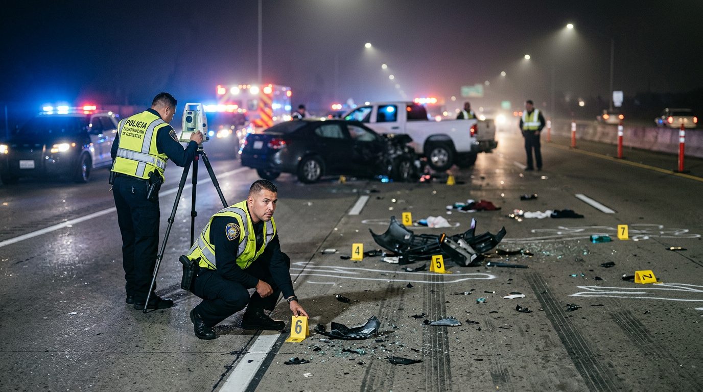 Investigación de accidente vehicular nocturno con policías, equipo de reconstrucción y escombros marcados como evidencia.