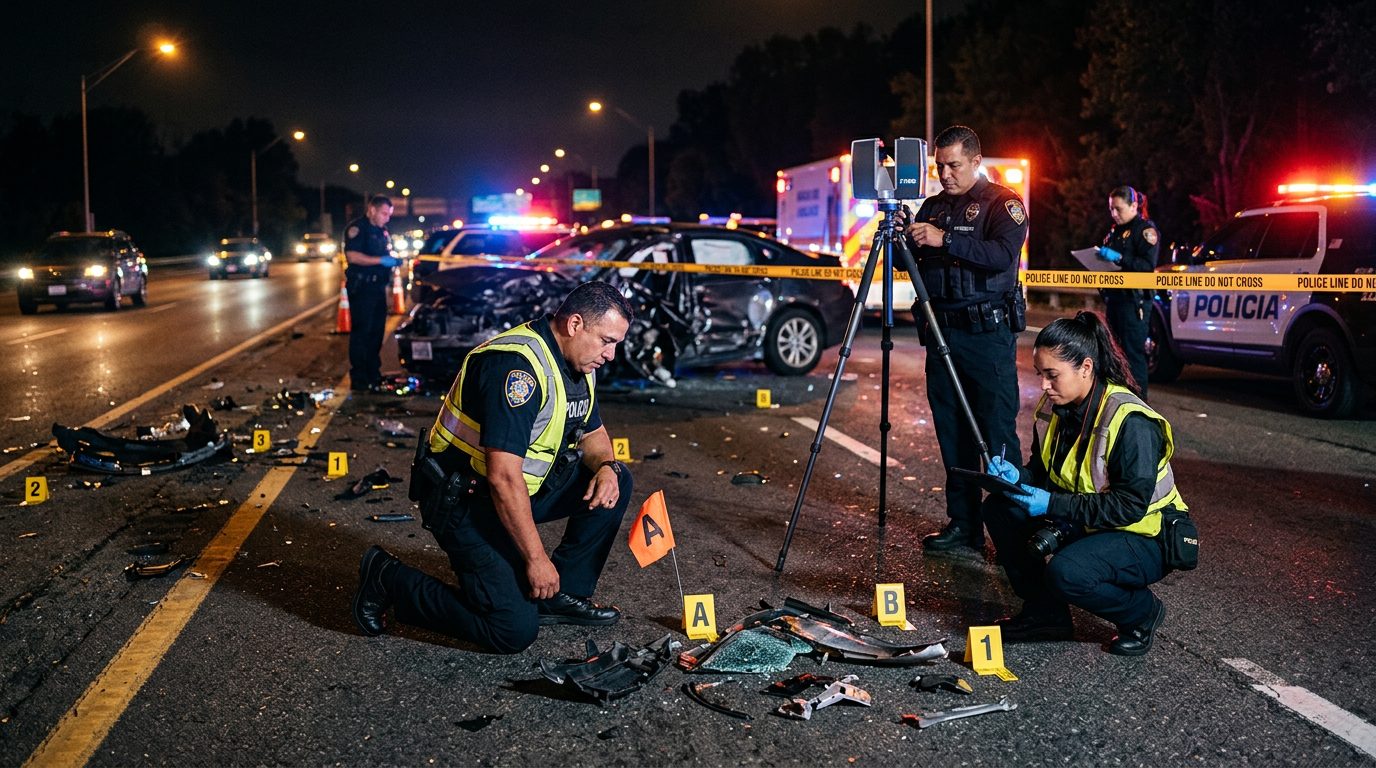 Investigación de accidente vehicular nocturno con policías, equipo de reconstrucción y escombros marcados.