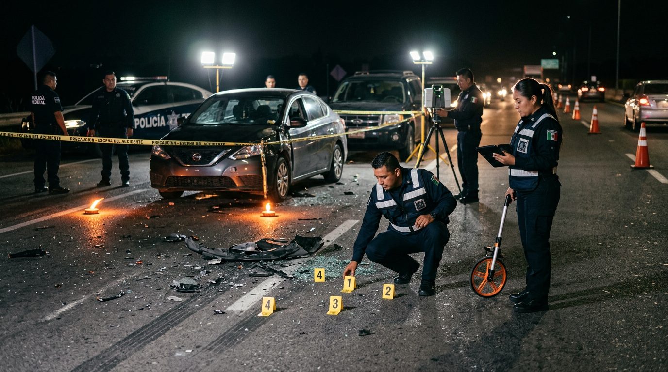Investigación de accidente vehicular nocturno con policías, equipo de reconstrucción y escombros marcados como evidencia.