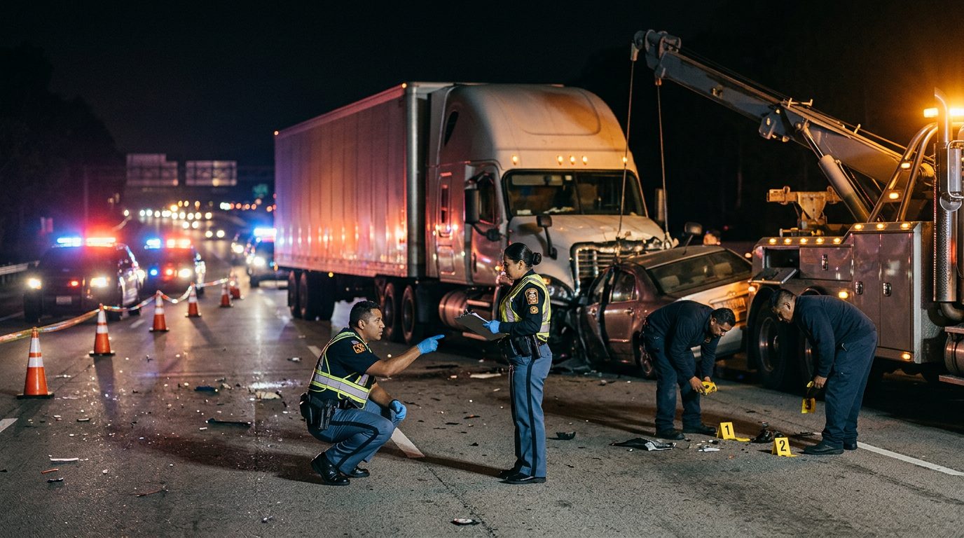 Investigación nocturna de accidente de camión comercial en carretera con policías y marcadores de evidencia.