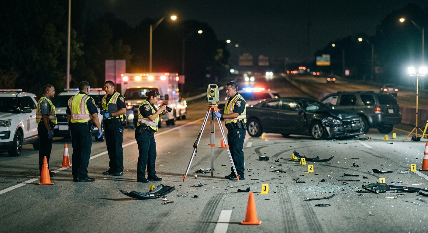 Investigación nocturna de accidente vehicular con policías, equipo de reconstrucción y escombros marcados como evidencia.
