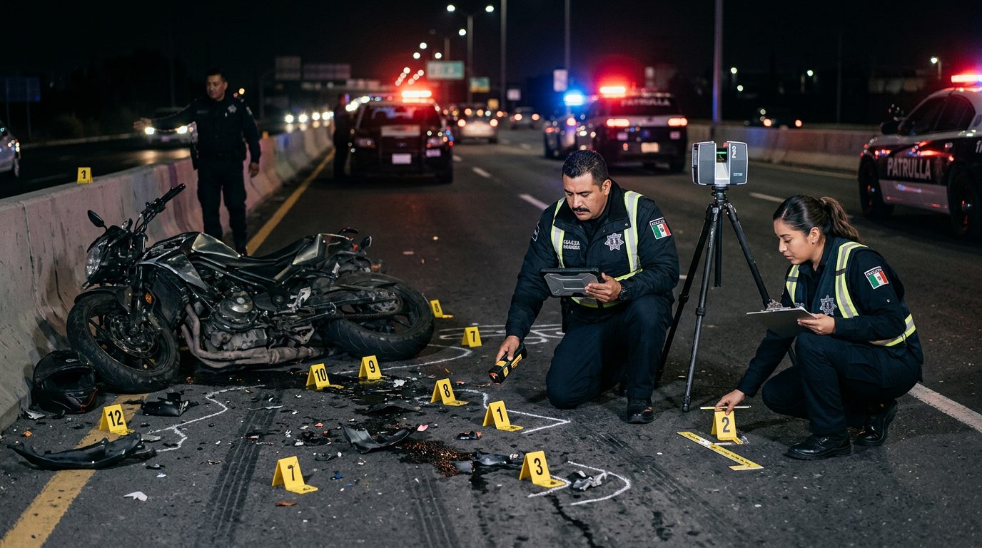 Investigación nocturna de accidente vial con policías, equipo de reconstrucción y escombros marcados.