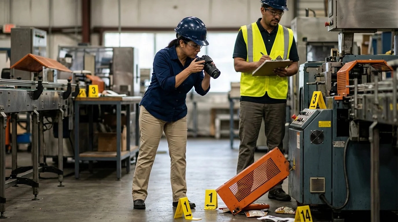 Investigadores documentan condiciones de accidente fatal en lugar de trabajo con maquinaria y marcadores de evidencia.
