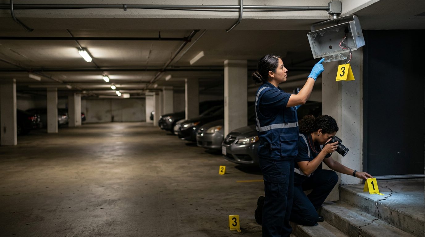 Investigadores documentan condiciones de seguridad deficiente en garaje de estacionamiento con iluminación inadecuada.