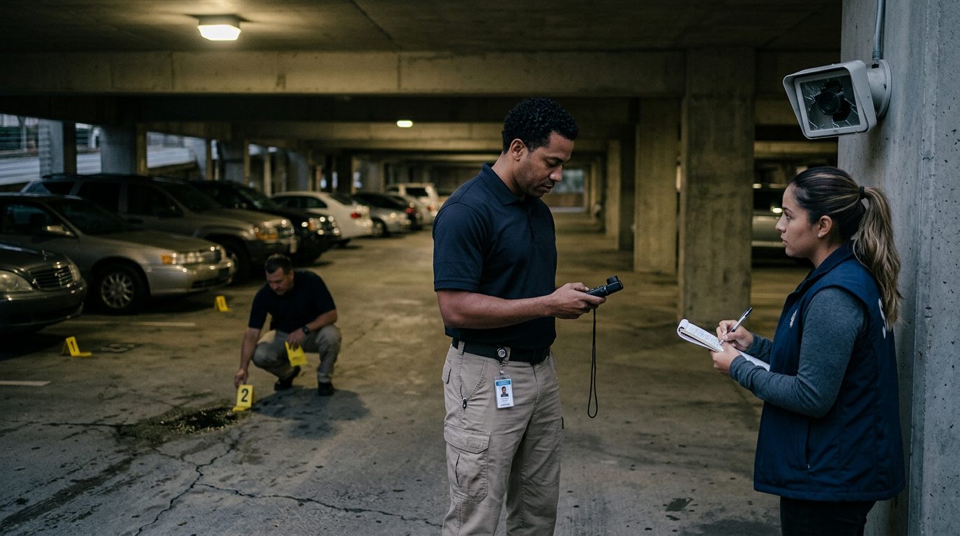 Investigadores documentan deficiencias de iluminación y cámaras rotas en garaje de estacionamiento.