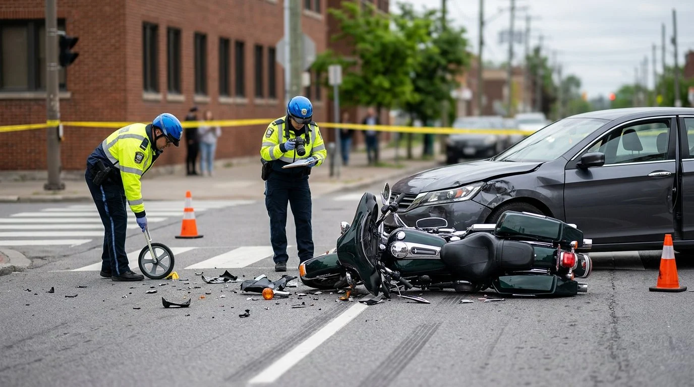 Investigators document a motorcycle accident scene on a city street, with vehicle debris and road markings visible.
