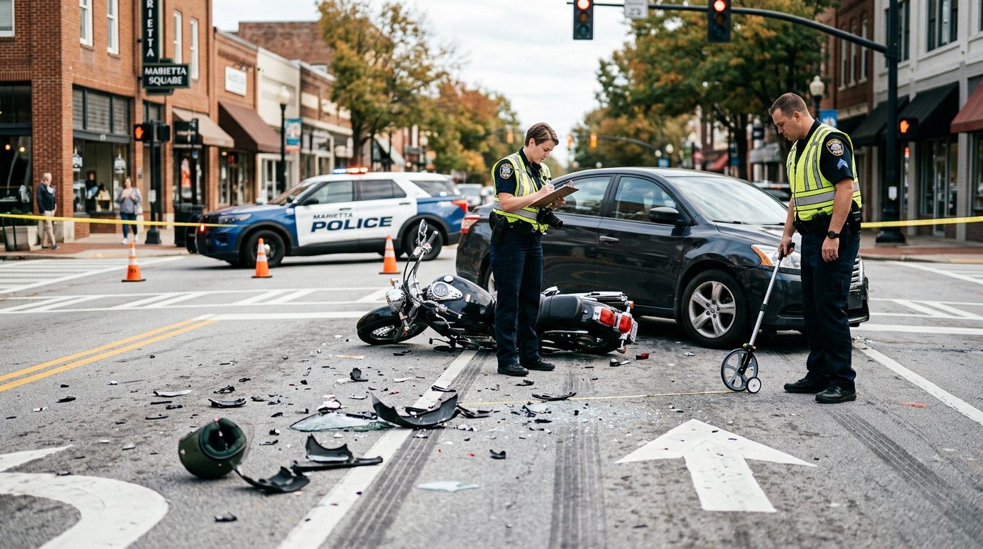Investigators document a motorcycle accident scene on a city street, with vehicle debris and road markings visible.