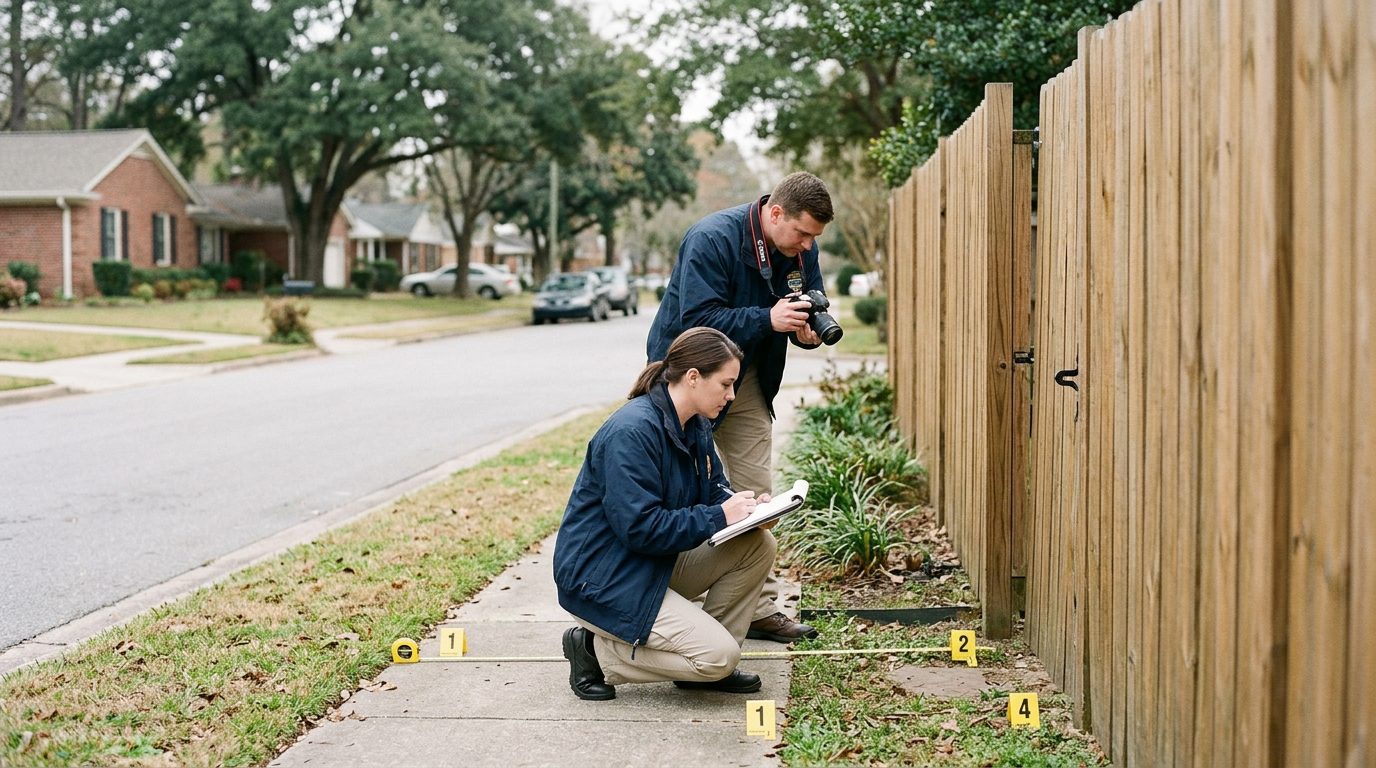 Investigators document a residential street, fence, and evidence markers at the location of a dog bite incident.