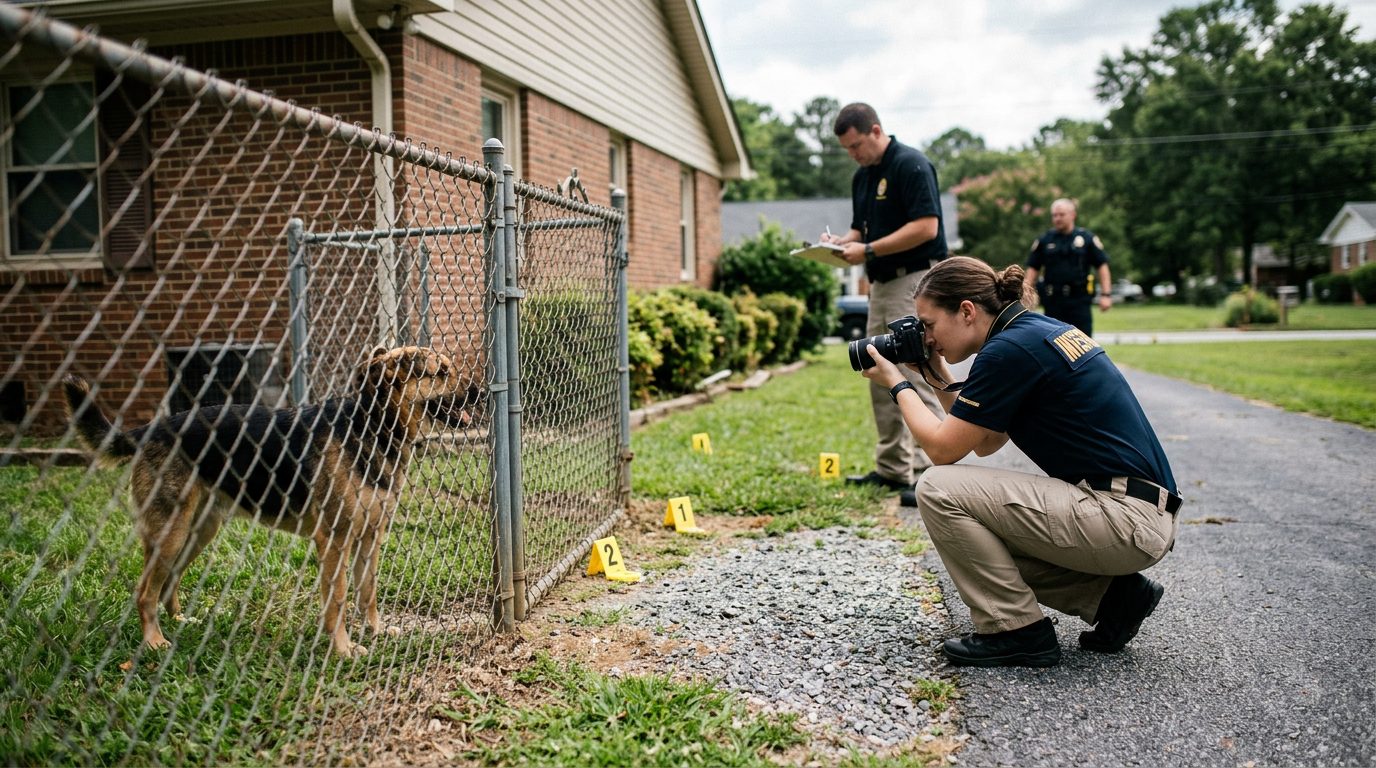 Investigators document a residential yard with evidence markers as a dog stands behind a fence.