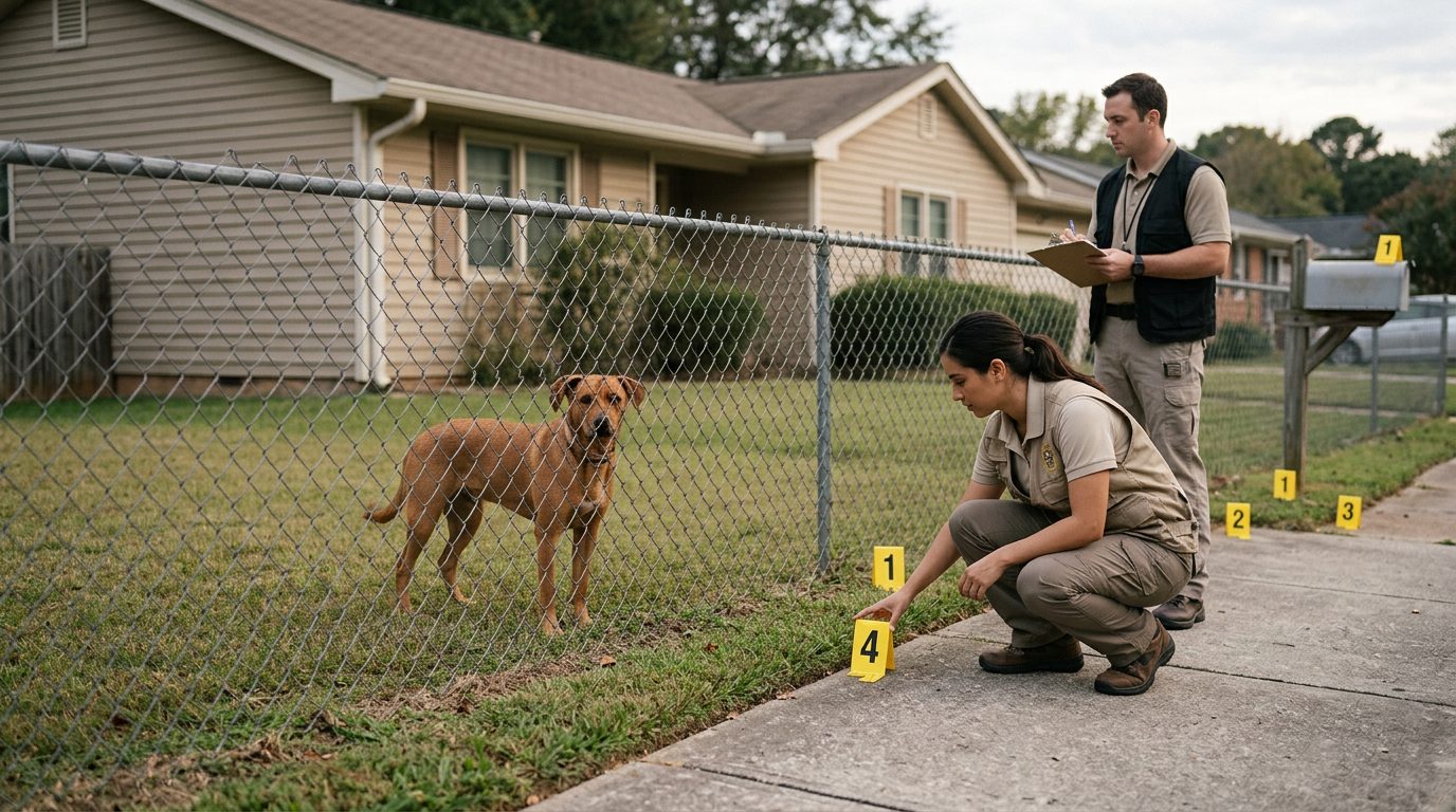 Investigators document a residential yard with evidence markers near a fence where a dog is present.