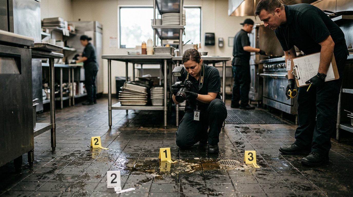 Investigators document a wet commercial kitchen floor with evidence markers at a slip and fall incident site.
